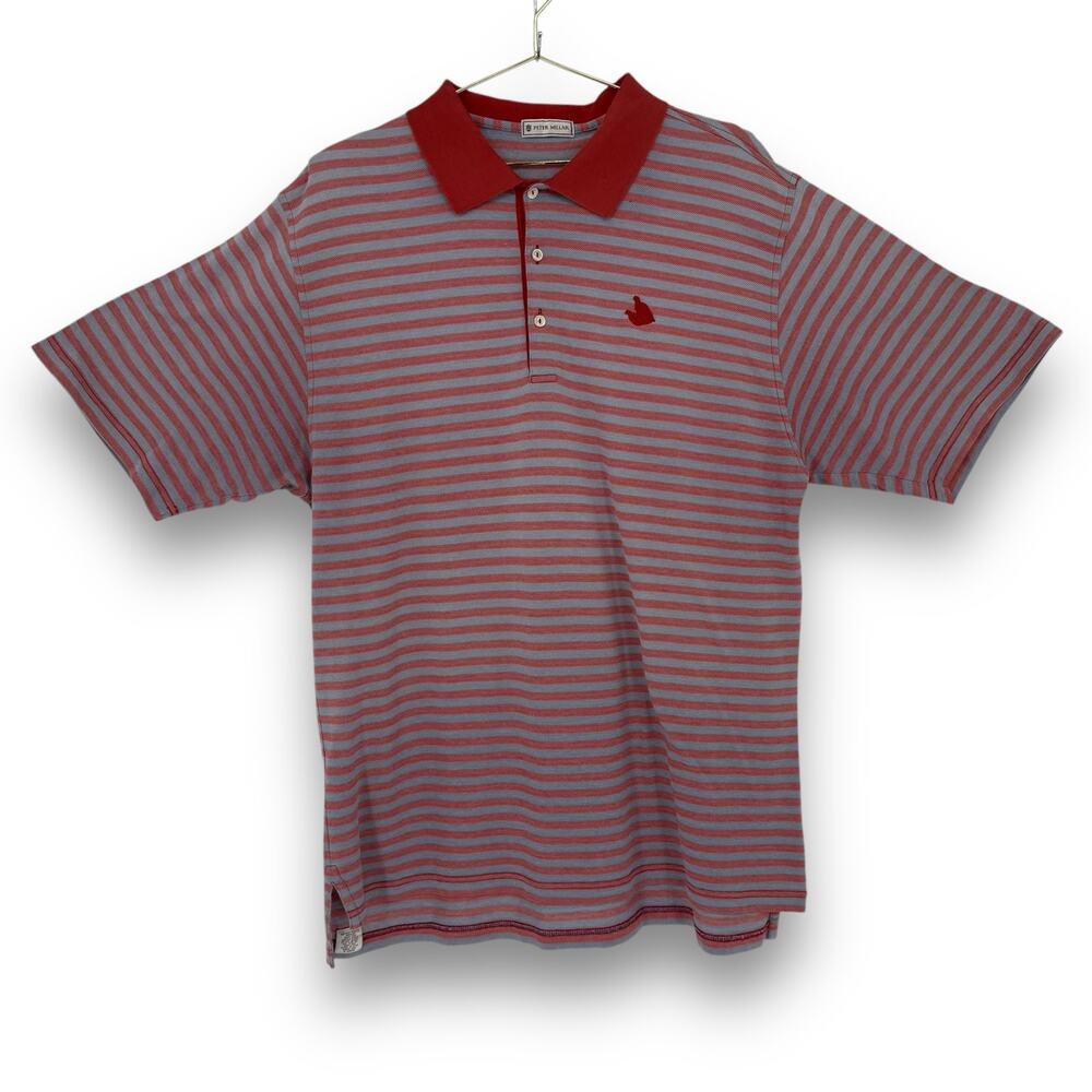 Peter Millar Knit Polo Shirt, Red Blue Chevron Stripe Heart Embroidered Size XL